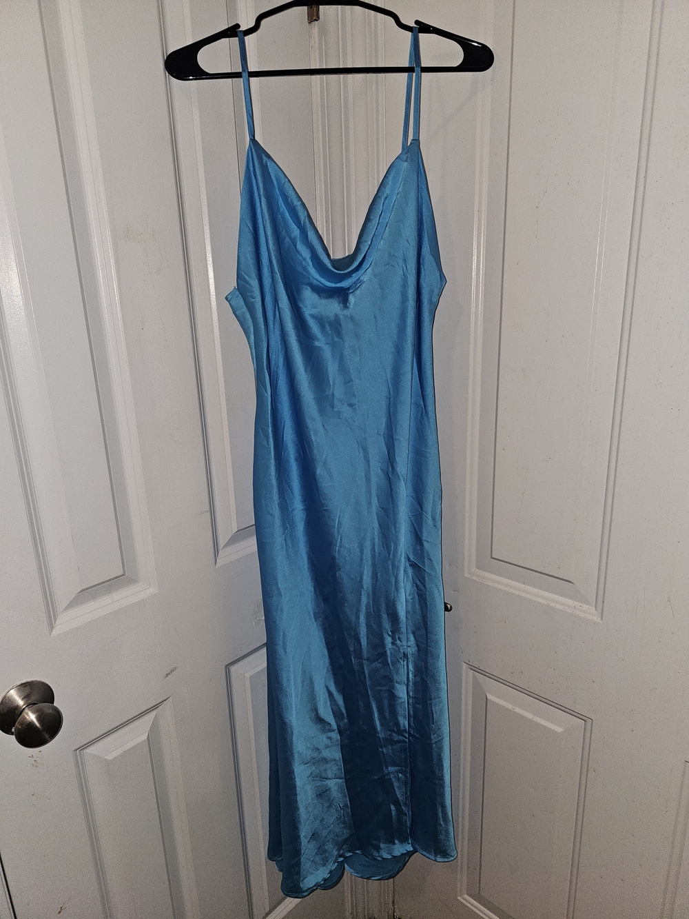 Blue Satin Slip Dress with Cowl Neck